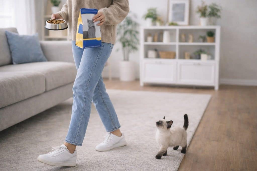 Fome, rotina e aprendizado: por que o filhote de gato segue o tutor na hora de comer