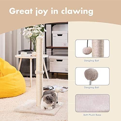         MECOOL Poste para arranhar gatos de 86 cm de altura, básico, arranhador, sisal, arranhador, árvores com bola para pendurar para gatos em ambientes internos, bege       